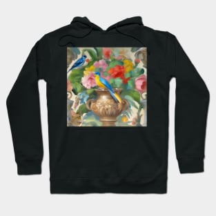 Birds, roses, cat and classical urn, oil painting seamless pattern Hoodie